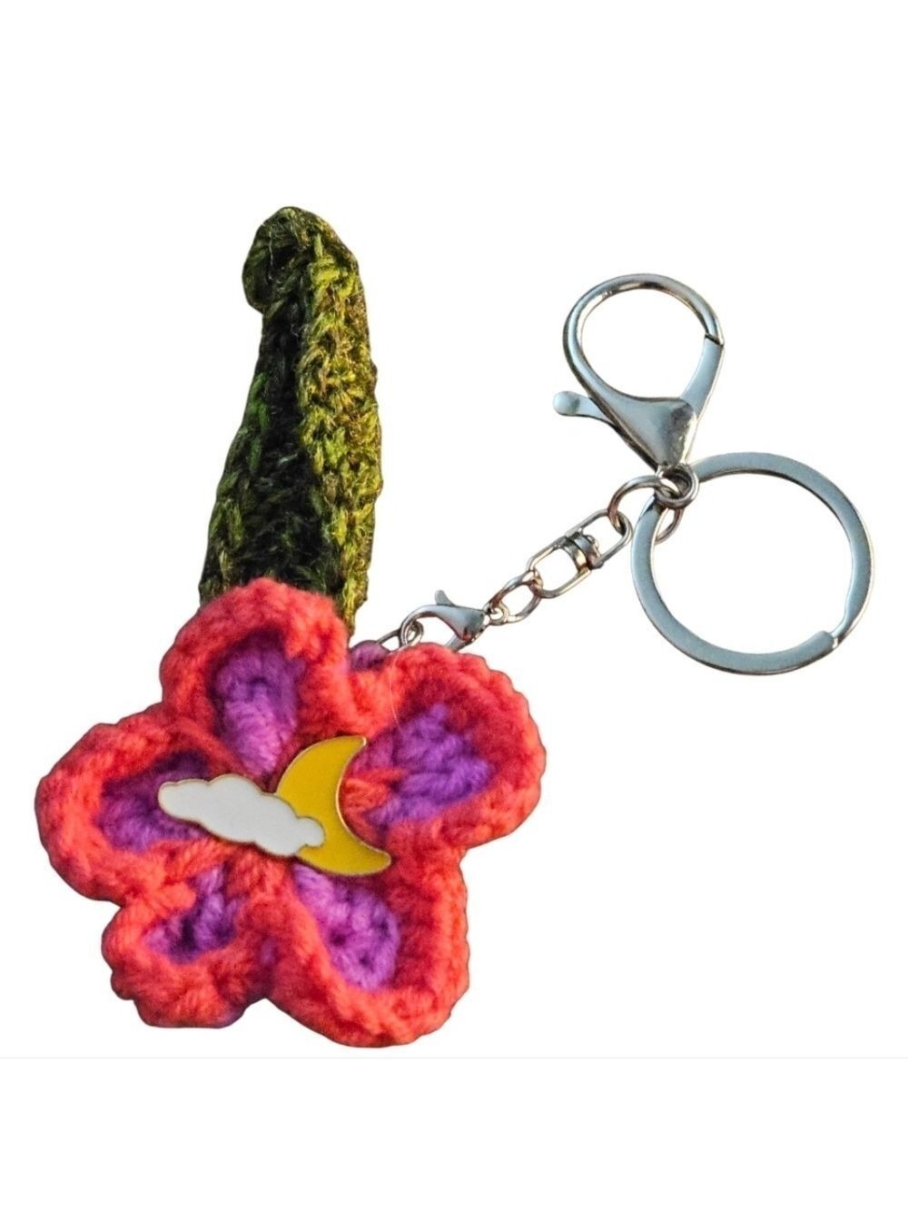 Handmade Crochet Flower Keychain Pink Moon Enamel Pin Yellow White